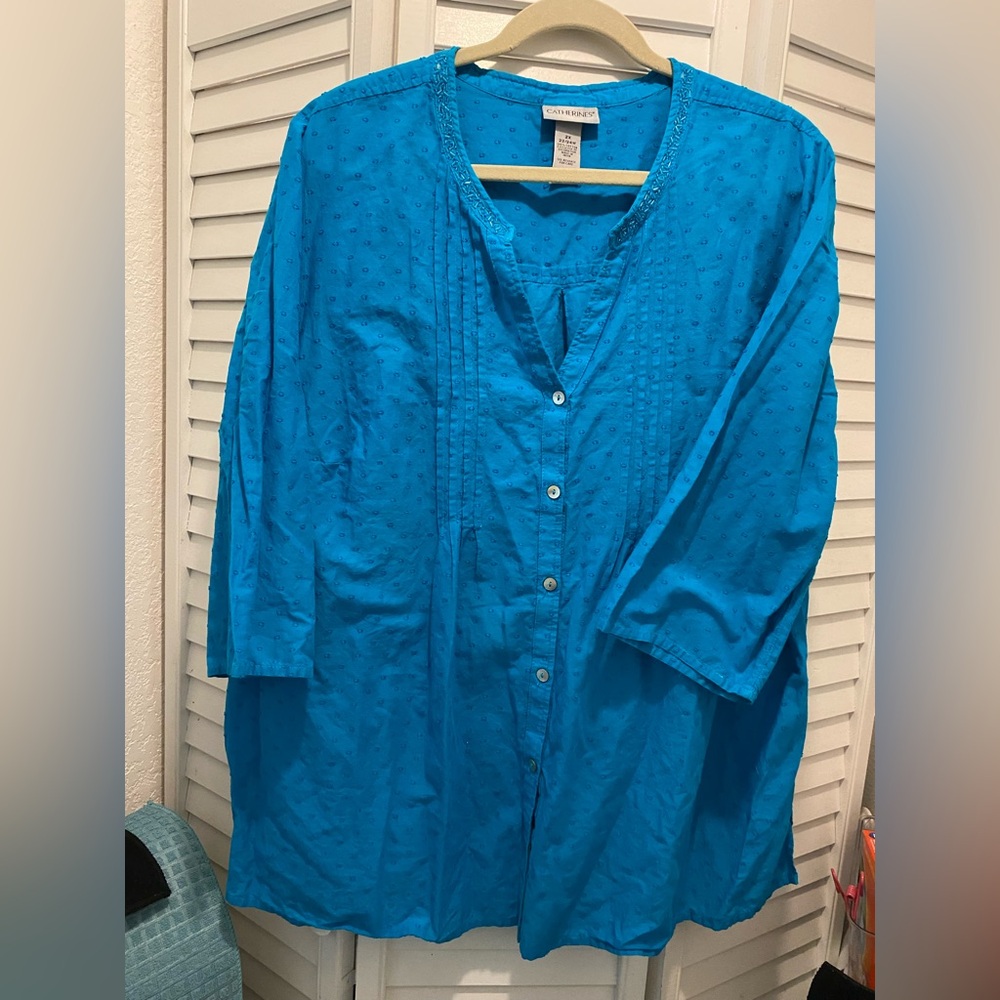 CATHERINE’S Women’s Plus “Tunic Button Up Blouse” Size 2X Turquoise Beaded EUC